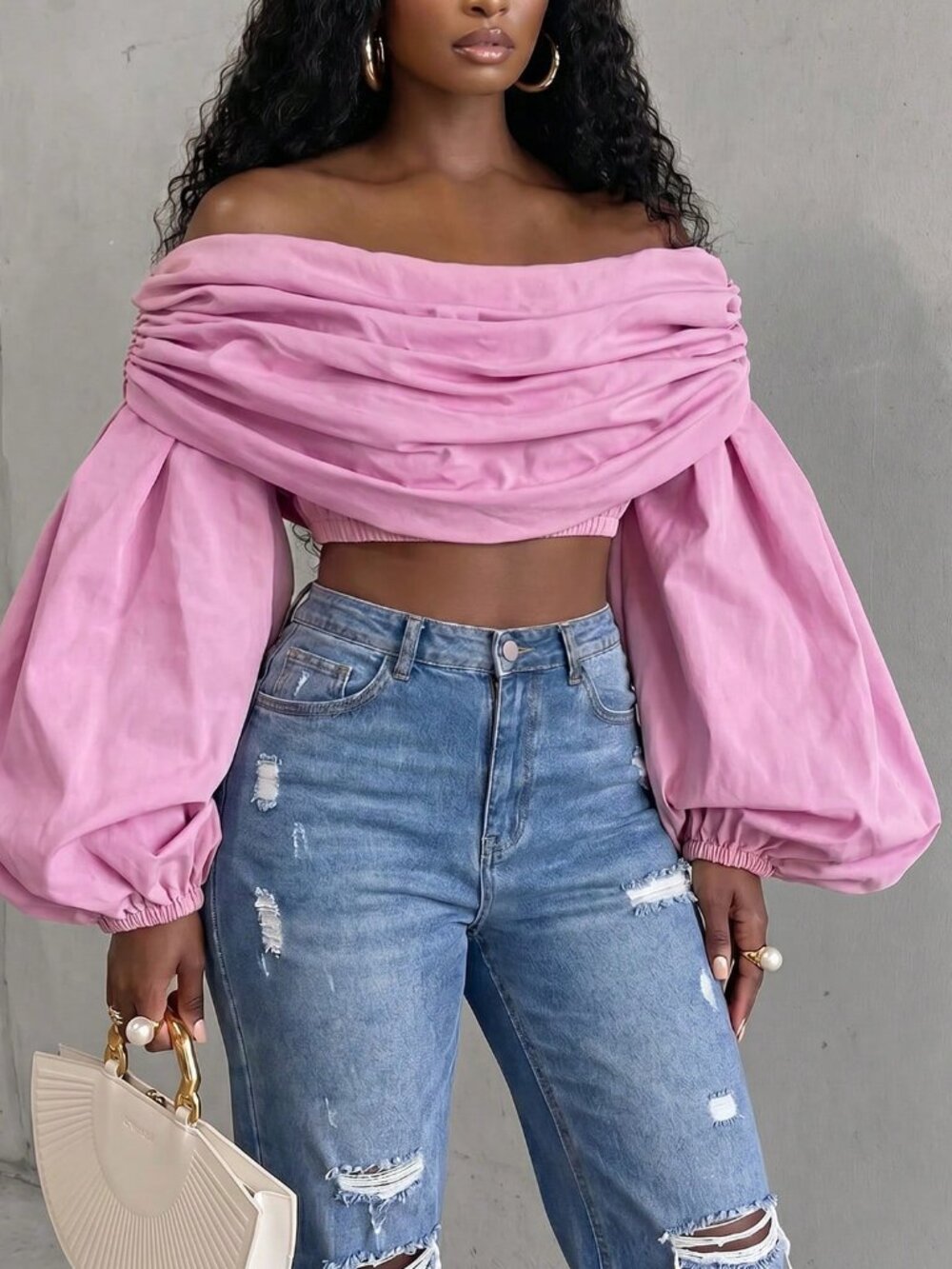 Pink Elegant Women's Casual Ruched Off-Shoulder Cropped Top